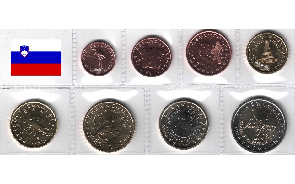 2 Euro in Capsules Mountain UNC Pattern 1 cent Slovenia set 8 Euro Coins 