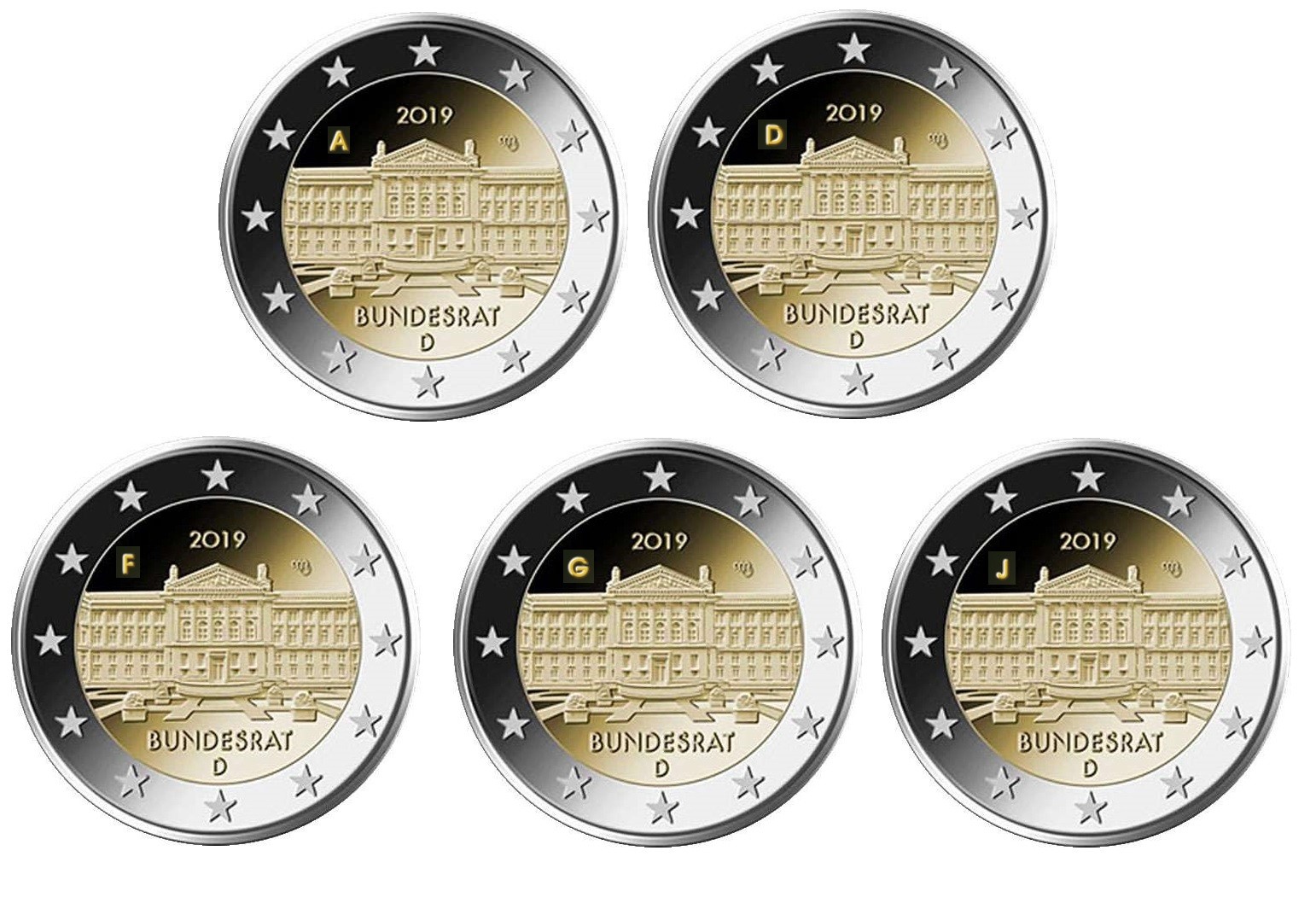 2019 Germany 2 Euro Coin Bundesrat All Letters A D F G J